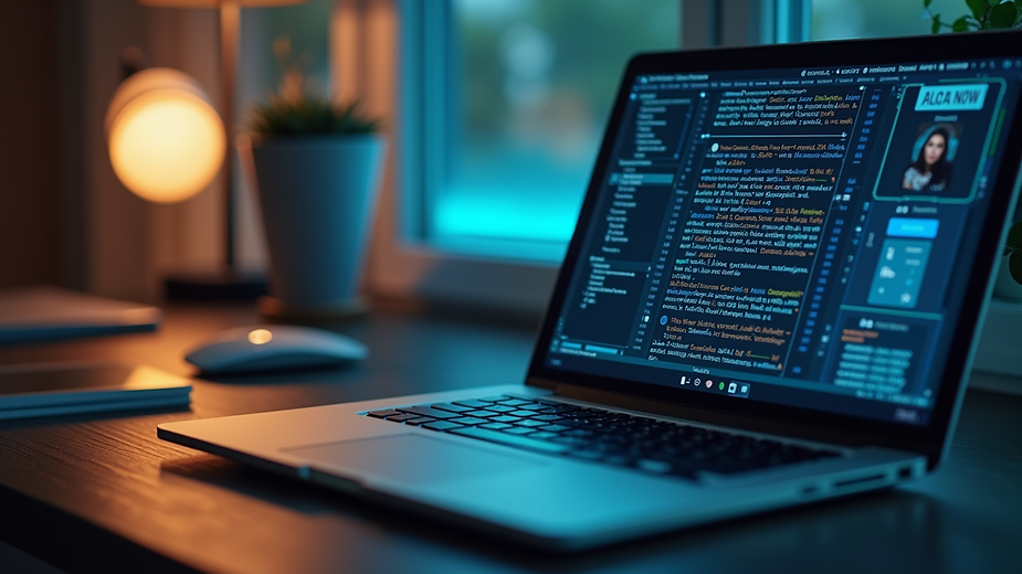 Close-up view of a home office setup with cybersecurity software on a laptop